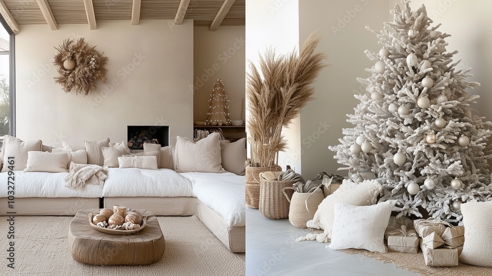 boho interior with a christmas tree in beige colors boho interior with a christmas tree in beige colors
