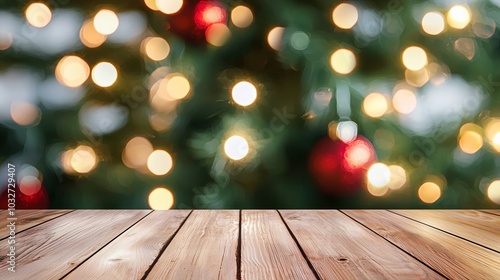 Empty wooden table top with blurred Christmas tree with bokeh light background, blurred background and white tones, copy space