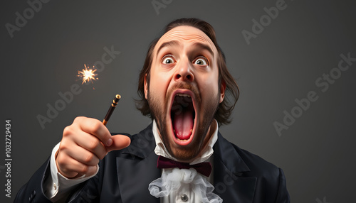 shocked magician with open mouth holding wand, isolated on grey isolated with white highlights, png photo