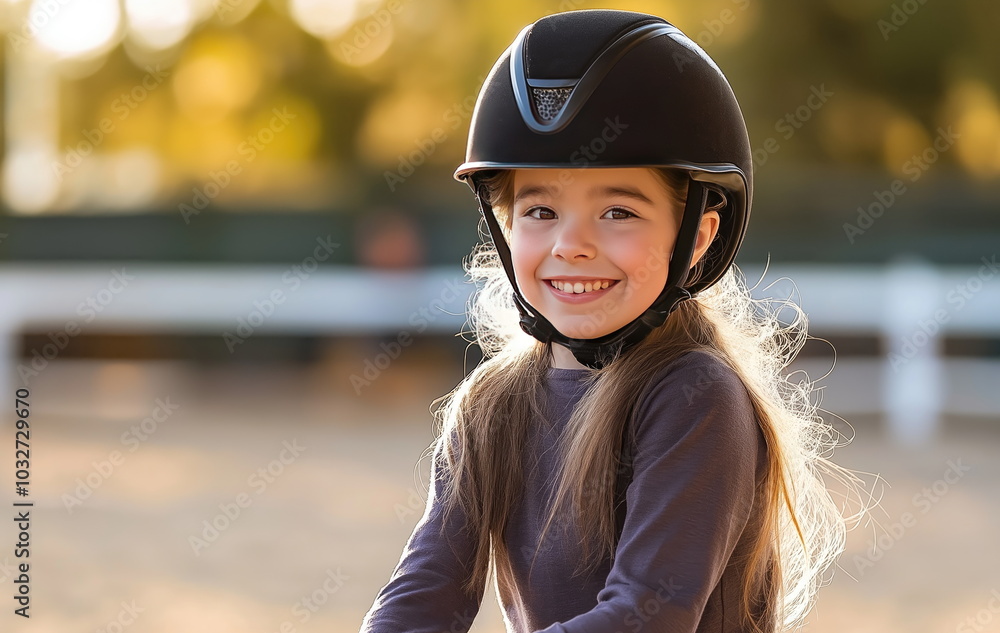 Happy child in equestrian gear with horse, enjoying a day of horseback riding Happy child in equestrian gear with horse, enjoying a day of horseback riding
