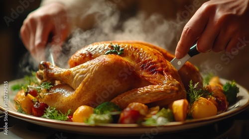 Thanksgiving feast, hands carving a golden-brown turkey, steam rising, adorned with seasonal vegetables on a platter photo