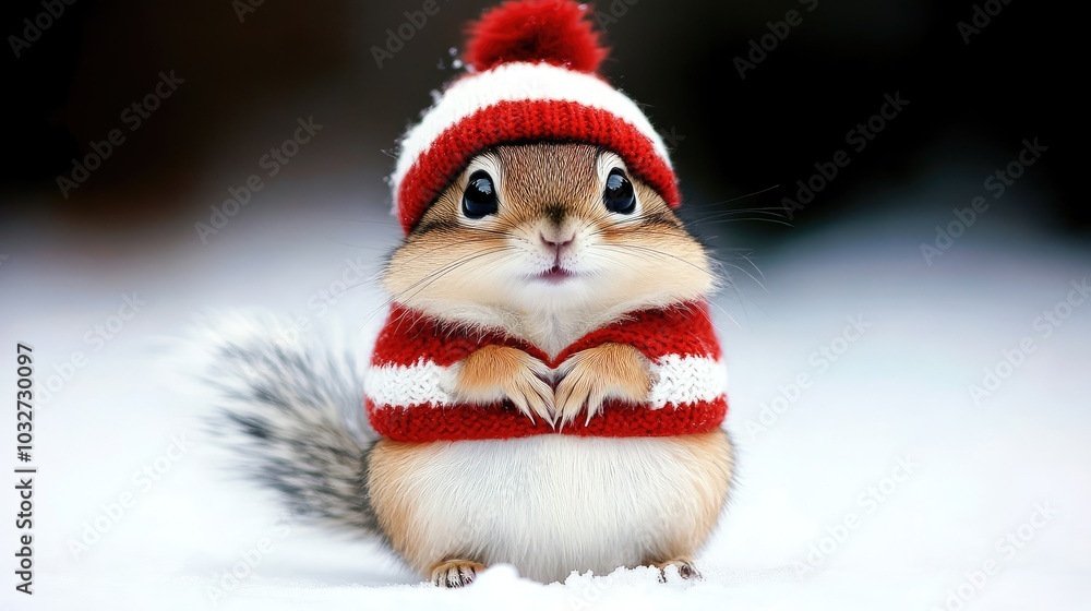 A charming chipmunk stands in the snow, wearing a cozy red and white striped sweater and a fluffy hat A charming chipmunk stands in the snow, wearing a cozy red and white striped sweater and a fluffy hat