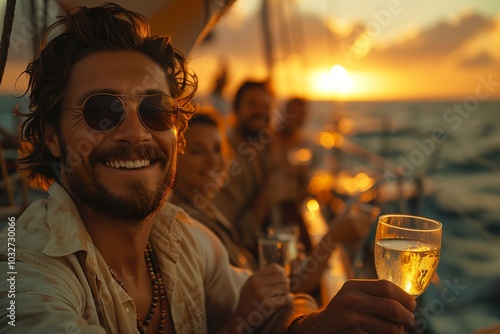 Enjoying sunset cocktails on a sailing adventure with friends in the open ocean