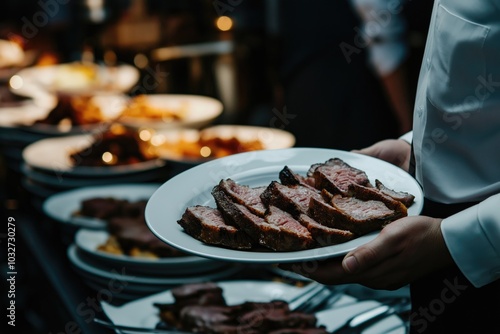 Luxurious gourmet meal being served by waitstaff during an upscale event, fine dining experience