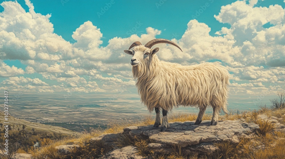 Fototapeta premium A white goat with long horns stands on a rocky cliff overlooking a valley with blue sky and white clouds.