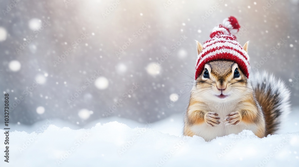 A charming chipmunk stands in the snow, wearing a cozy red and white striped sweater and a fluffy hat A charming chipmunk stands in the snow, wearing a cozy red and white striped sweater and a fluffy hat