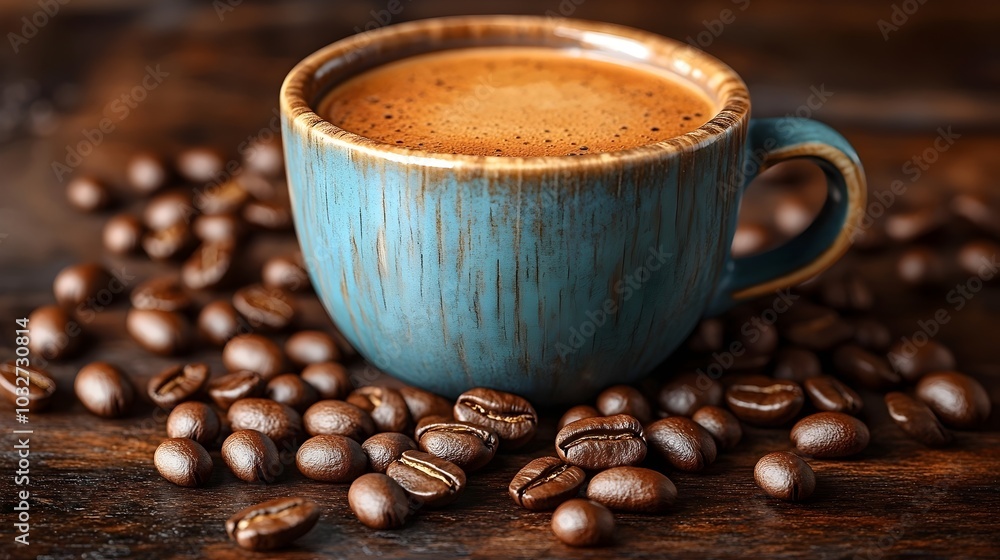 A steaming cup of coffee sits on a wooden surface surrounded by coffee beans. A steaming cup of coffee sits on a wooden surface surrounded by coffee beans.