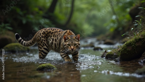 Fishing cat in stream camouflaged in shadows photo