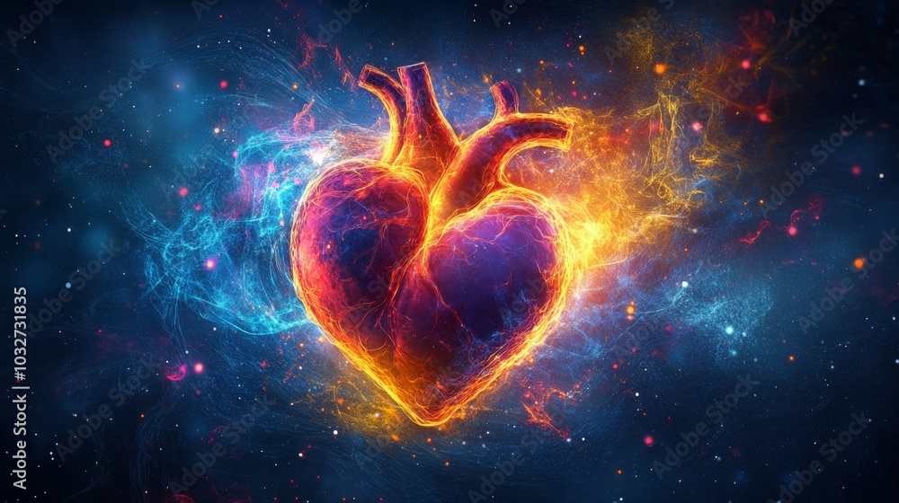 Fiery Neon Heart in Cosmic Space Fiery Neon Heart in Cosmic Space