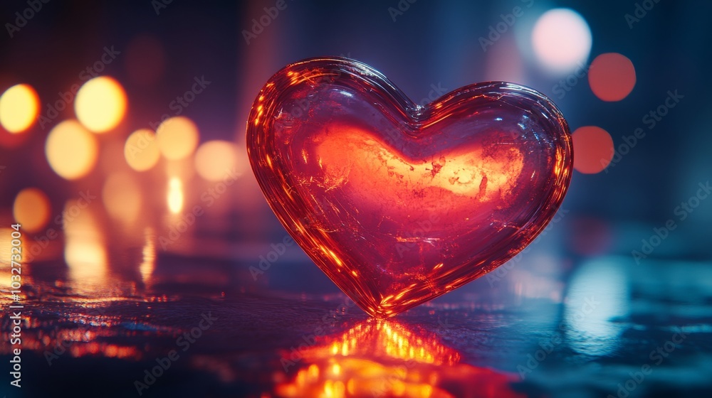 A glowing red heart sculpture on a wet surface illuminated by colorful lights during a romantic evening. With copy space for text. A glowing red heart sculpture on a wet surface illuminated by colorful lights during a romantic evening. With copy space for text.
