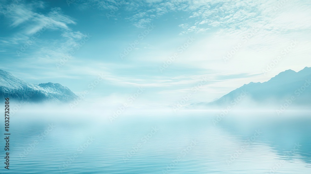 Serene Misty Lake Landscape with Blue Sky Serene Misty Lake Landscape with Blue Sky