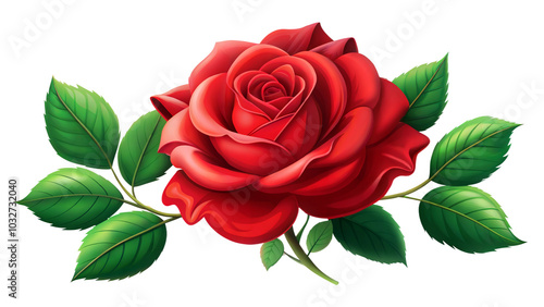 Vibrant Red Rose in Full Bloom: Surrounded by Lush Green Leaves