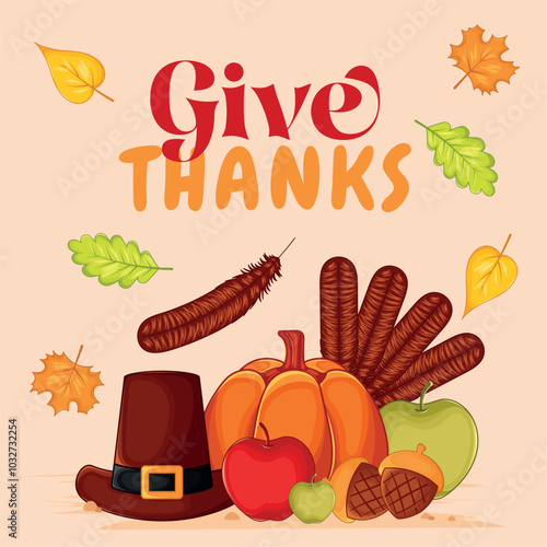 Give thanks with turkey, pumpkins, and pilgrim hat, Vector