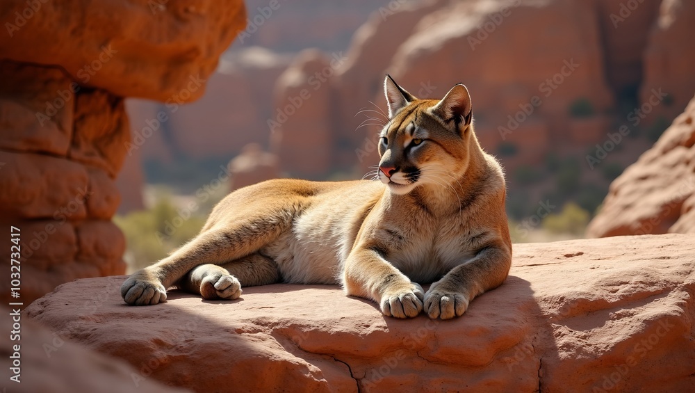 Obraz premium Majestic cougar resting on desert rocks camouflaged by golden fur against red backdrop