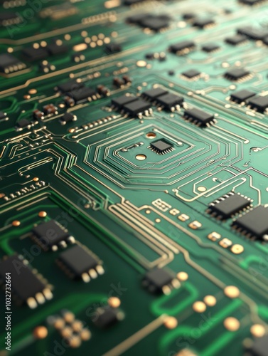 High-Tech Green Circuit Board with Microchips and Complex Wiring, Showcasing Advanced Electronic Design