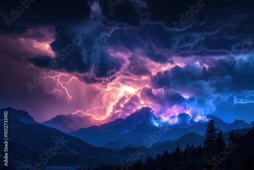 Lightning Storm Over Purple-Lit Mountains at Night photo