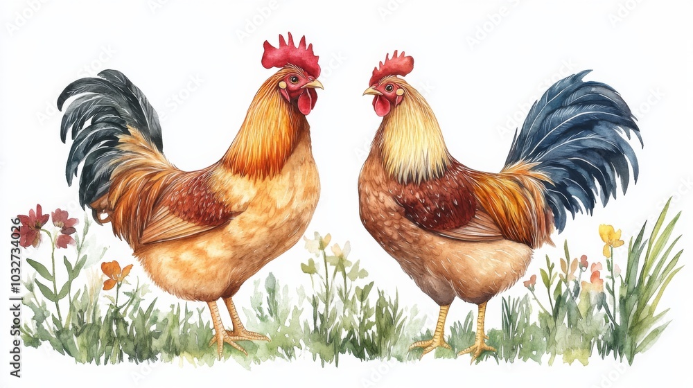 Fototapeta premium Watercolor Roosters in a Field