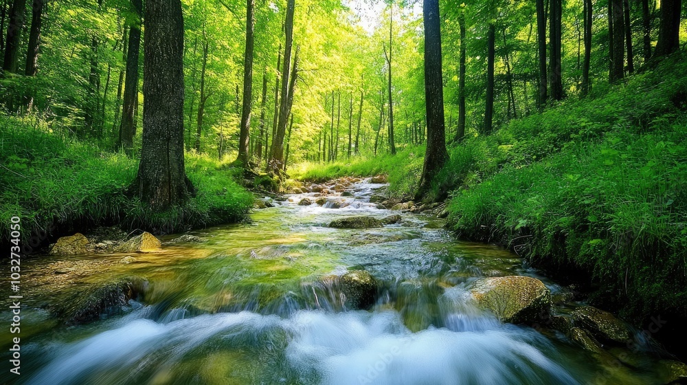 Serene Flowing Stream in Lush Green Forest Serene Flowing Stream in Lush Green Forest