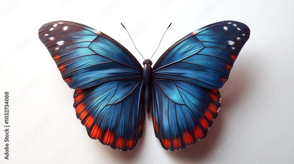 Obraz premium A blue and red butterfly with red spots on its wings