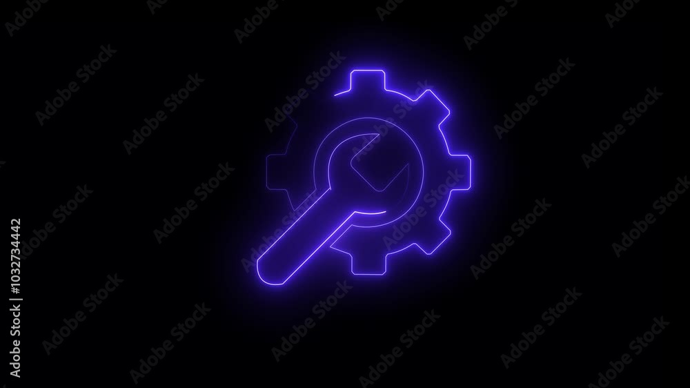 Neon Glowing Settings Gear and wrench icon animation. Adjusting, service, setting, maintenance, repair, fixing icon. Technology setting icon concept.