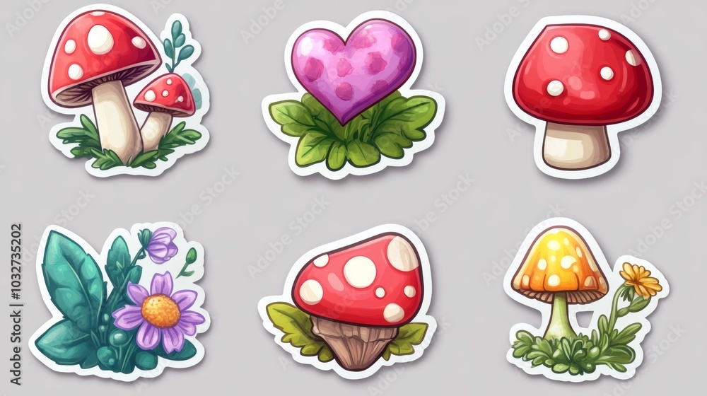 Mushroom and Heart Cartoon Stickers Mushroom and Heart Cartoon Stickers