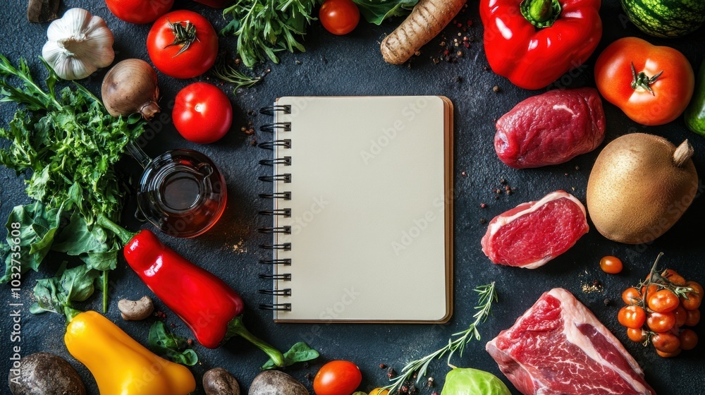 A flat lay of fresh ingredients and a blank notebook for recipe planning. A flat lay of fresh ingredients and a blank notebook for recipe planning.