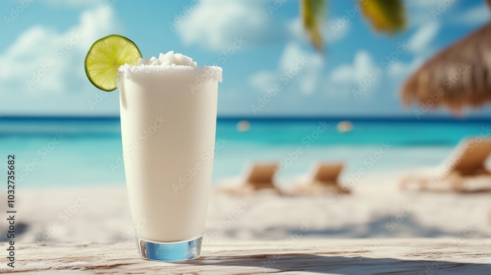 A refreshing cocktail with lime on a beachside table. A refreshing cocktail with lime on a beachside table.