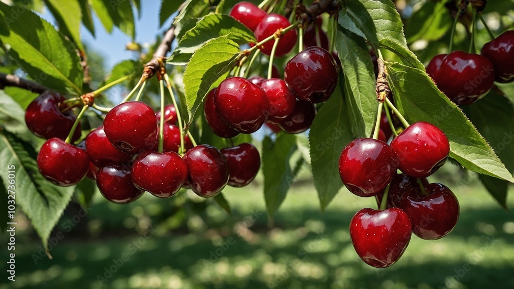 Ripe red cherries hanging on tree branch with green leaves Ripe red cherries hanging on tree branch with green leaves