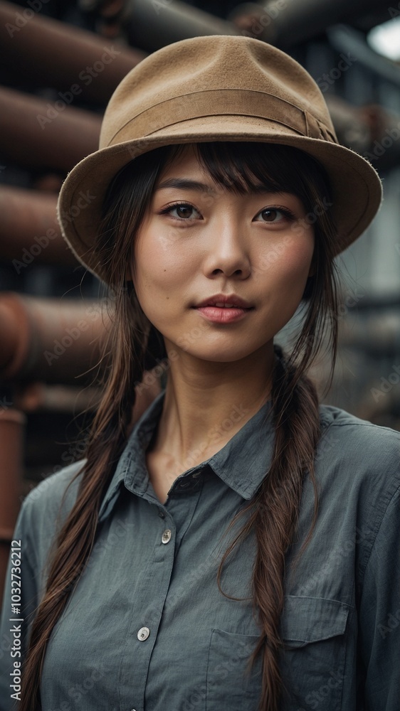 Young asian woman with long dark hair wearing brown hat and gray shirt, looking directly at camera with serious expression Young asian woman with long dark hair wearing brown hat and gray shirt, looking directly at camera with serious expression