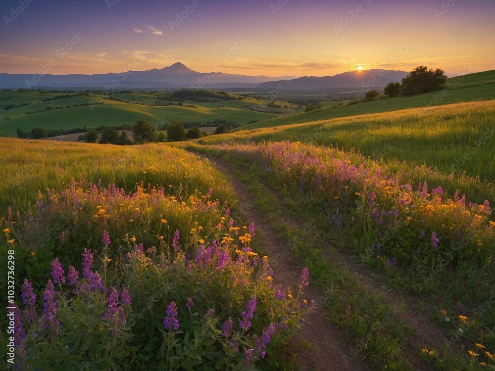 Scenic countryside landscape with winding dirt path through field of colorful wildflowers, rolling hills in background, and mountain peak visible in distance under vibrant sunset sky Scenic countryside landscape with winding dirt path through field of colorful wildflowers, rolling hills in background, and mountain peak visible in distance under vibrant sunset sky