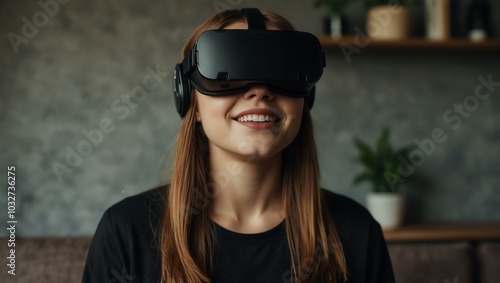 Young woman wearing a virtual reality headset.