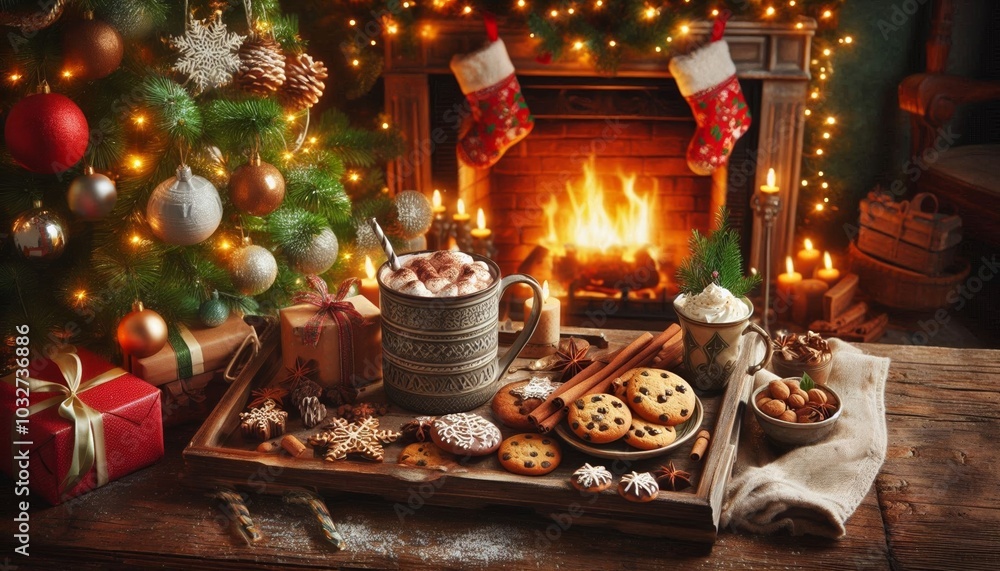 Festive fireplace with holiday cookies and steaming mug of hot cocoa. Christmas and New Year, winter holidays Festive fireplace with holiday cookies and steaming mug of hot cocoa. Christmas and New Year, winter holidays