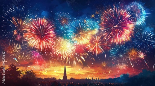 Colorful fireworks display exploding in the night sky over a city skyline, with a silhouetted church spire.