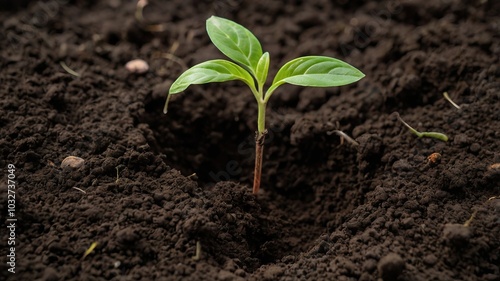 A new seedling emerging from dark soil, ideal for an Earth Day or nature-themed background with ample copy space for adding text or design.