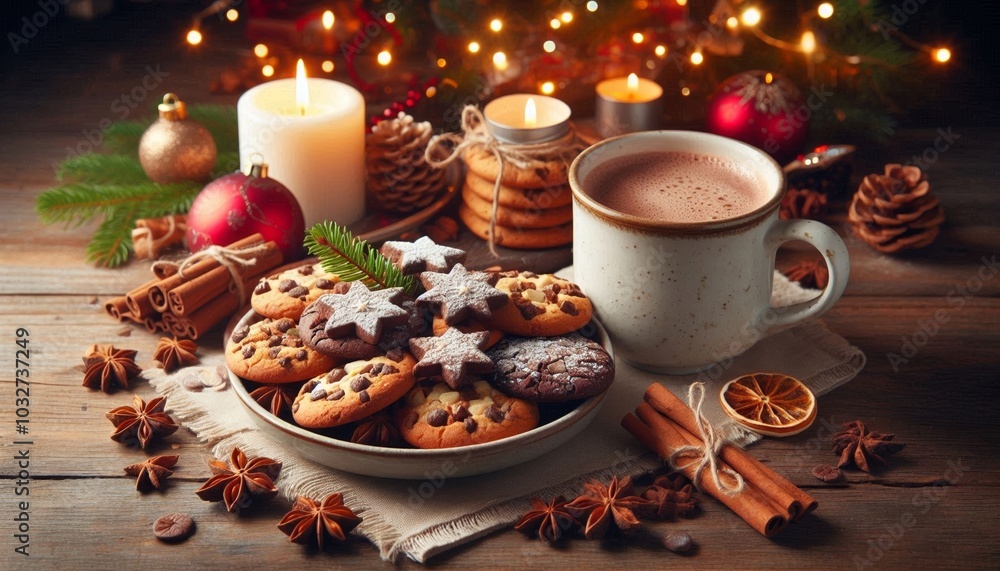 Cozy scene with plate of warm holiday cookies and steaming mug of hot cocoa. Christmas and New Year, winter holidays