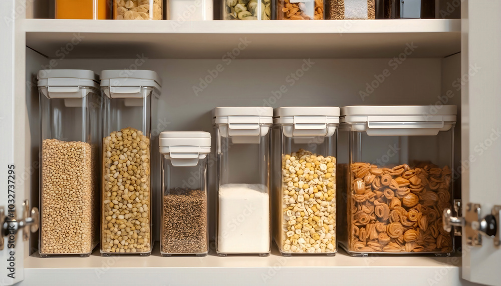 A tidy kitchen pantry featuring transparent containers neatly organized on shelves. The containers showcase colorful ingredients, creating a visually appealing and functional space for storage. A tidy kitchen pantry featuring transparent containers neatly organized on shelves. The containers showcase colorful ingredients, creating a visually appealing and functional space for storage.