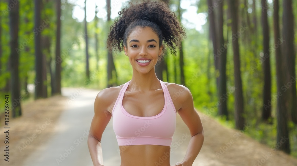 Confident Young Woman Jogging in Beautiful Forest Path Confident Young Woman Jogging in Beautiful Forest Path