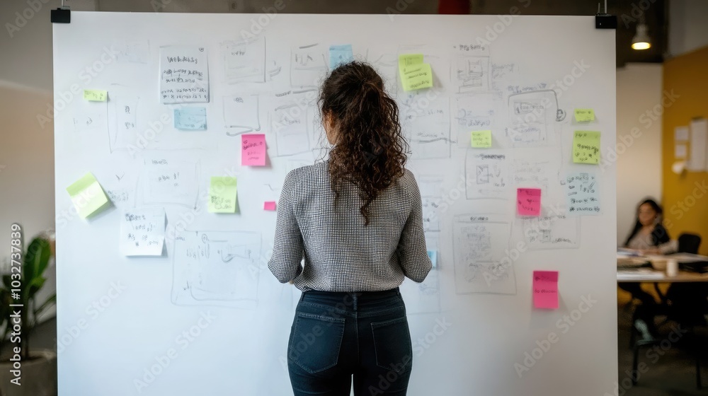 Woman Analyzing Ideas on a Whiteboard in Office Setting Woman Analyzing Ideas on a Whiteboard in Office Setting