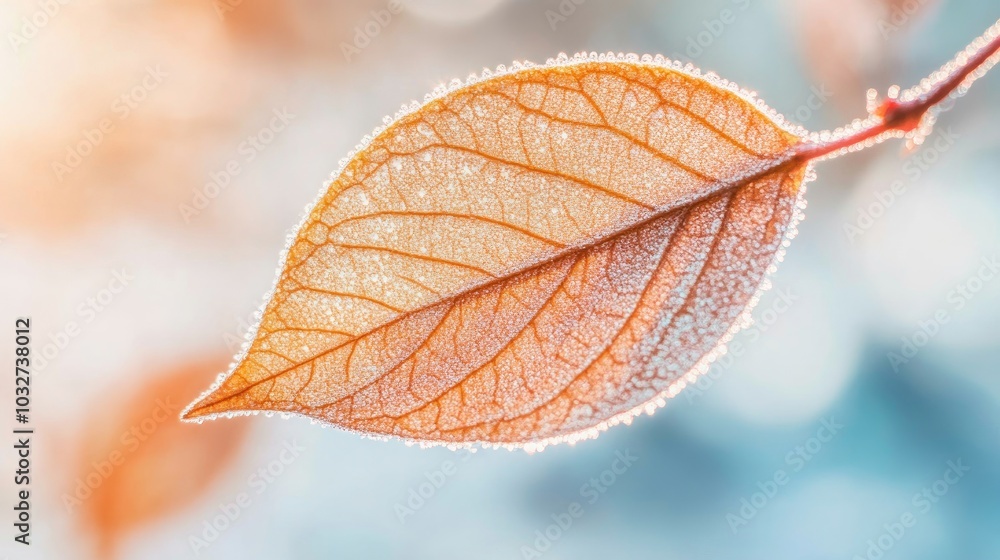 Frosted Leaf with Morning Dewdrops Close-Up Frosted Leaf with Morning Dewdrops Close-Up