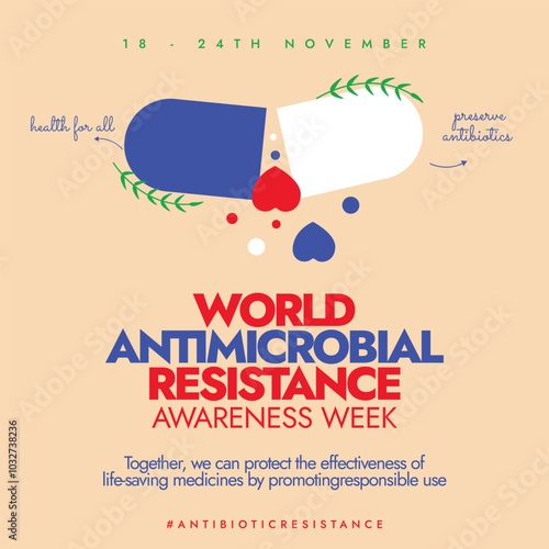 World Antimicrobial resistance awareness week. 18-24 November Antimicrobial week conceptual banner with capsule half open and hearts coming out. The week focus to change lifestyle to prevent this.