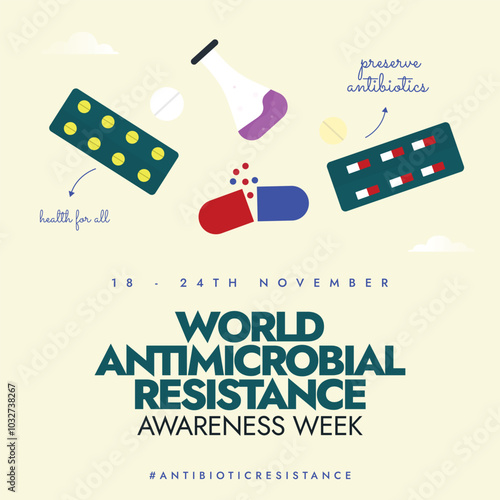 World Antimicrobial Resistance awareness week November.18-24th November antimicrobial week conceptual banner with medicine pills, capsule in two half, chemical flask with liquid. Week focus on health.