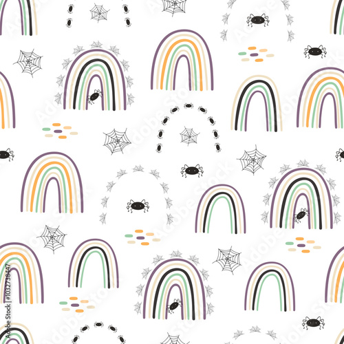 Halloween rainbow seamless pattern, simple hand drawn repeat illustration in trendy pastel colors, minimalist concept perfect for textile, celebration decor, cards, gift paper, papercraft