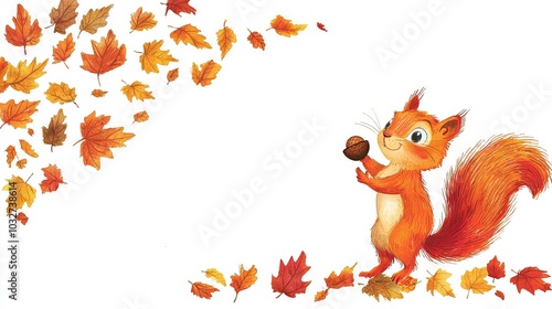  A photo of a squirrel eating a nut on an autumn tree with leaves falling to the ground