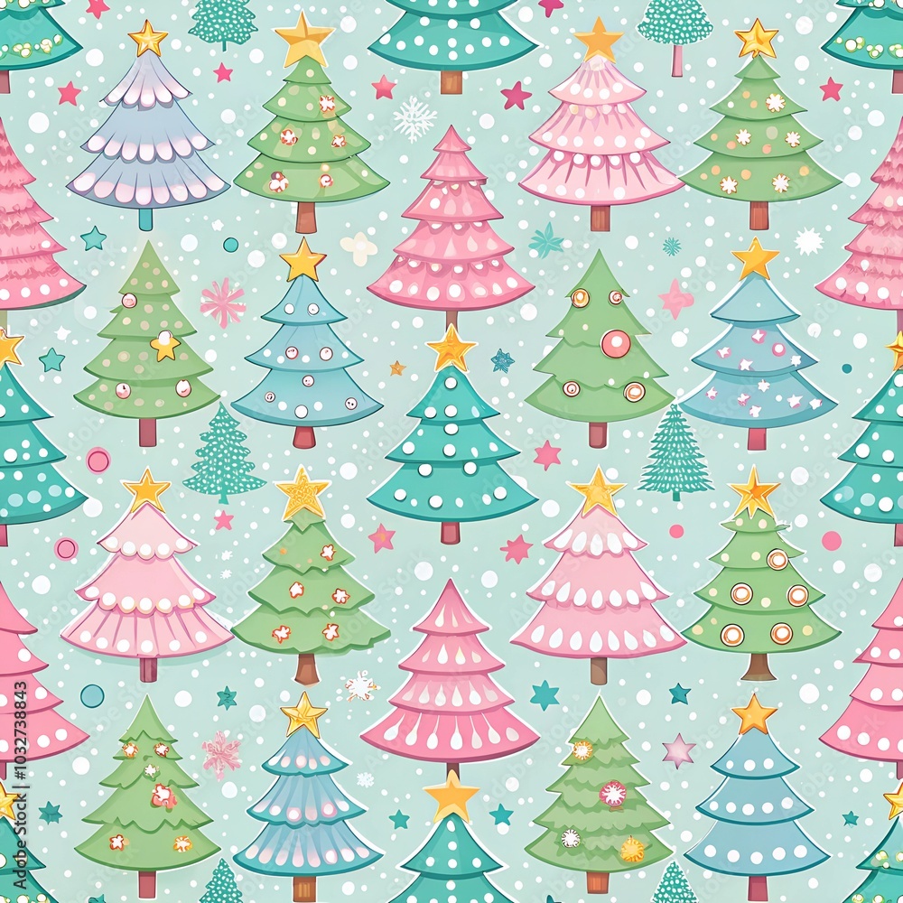 Seamless pastel Christmas tree pattern with star-topped trees in shades of green, pink, and blue. Adorable and festive, perfect for kids' holiday decor or gift wrap. Seamless pastel Christmas tree pattern with star-topped trees in shades of green, pink, and blue. Adorable and festive, perfect for kids' holiday decor or gift wrap.