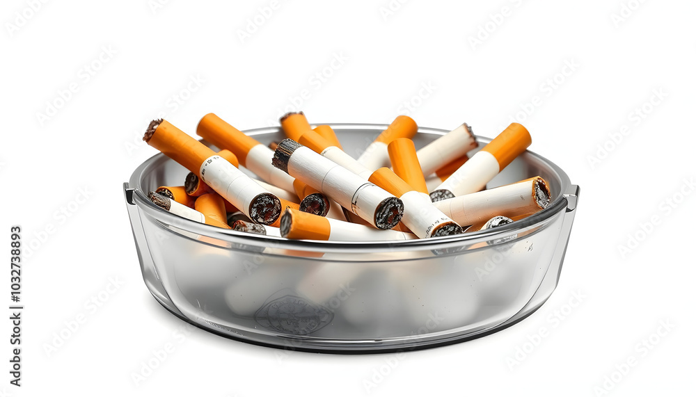 Closeup of metallic ashtray full of cigarettes habits on white background isolated with white highlights, png Closeup of metallic ashtray full of cigarettes habits on white background isolated with white highlights, png