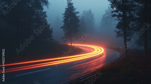 "Misty Road with Light Trails"