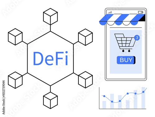 DeFi node network, online shopping cart on a smartphone screen, and bar and line graph. Ideal for fintech, e-commerce, blockchain, decentralized finance, and digital marketing. Simple modern style