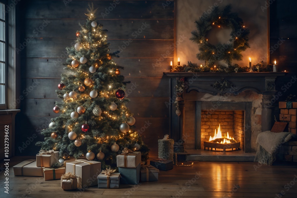 A rustic Christmas living room with a warmly lit tree and cozy fireplace. Wrapped gifts surround the tree, and a glowing wreath hangs above the mantle, evoking traditional holiday charm. A rustic Christmas living room with a warmly lit tree and cozy fireplace. Wrapped gifts surround the tree, and a glowing wreath hangs above the mantle, evoking traditional holiday charm.