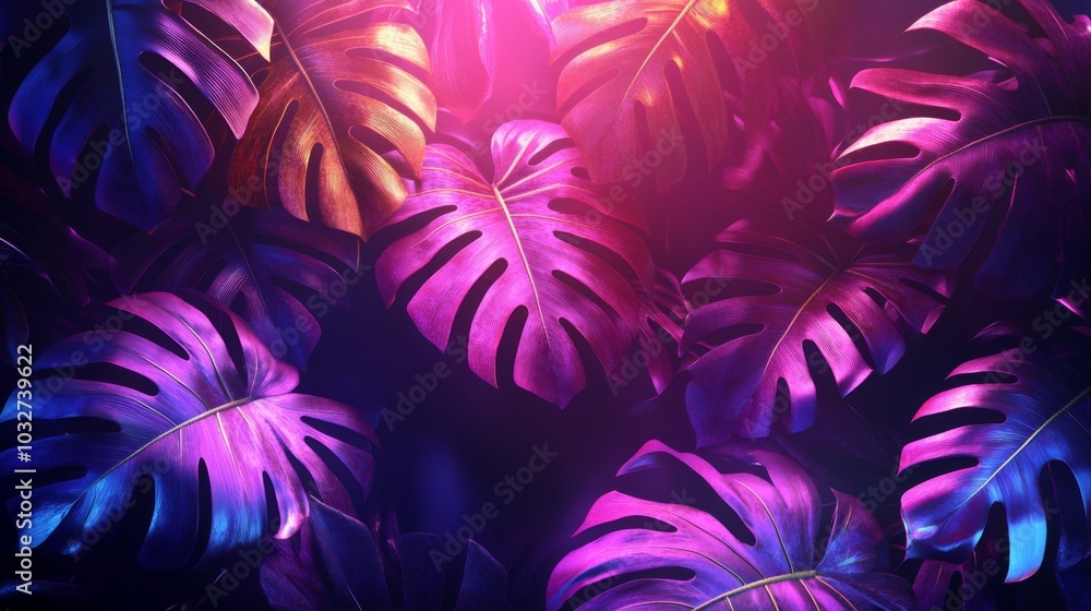 Neon Monstera Leaves with Vibrant Lighting Neon Monstera Leaves with Vibrant Lighting