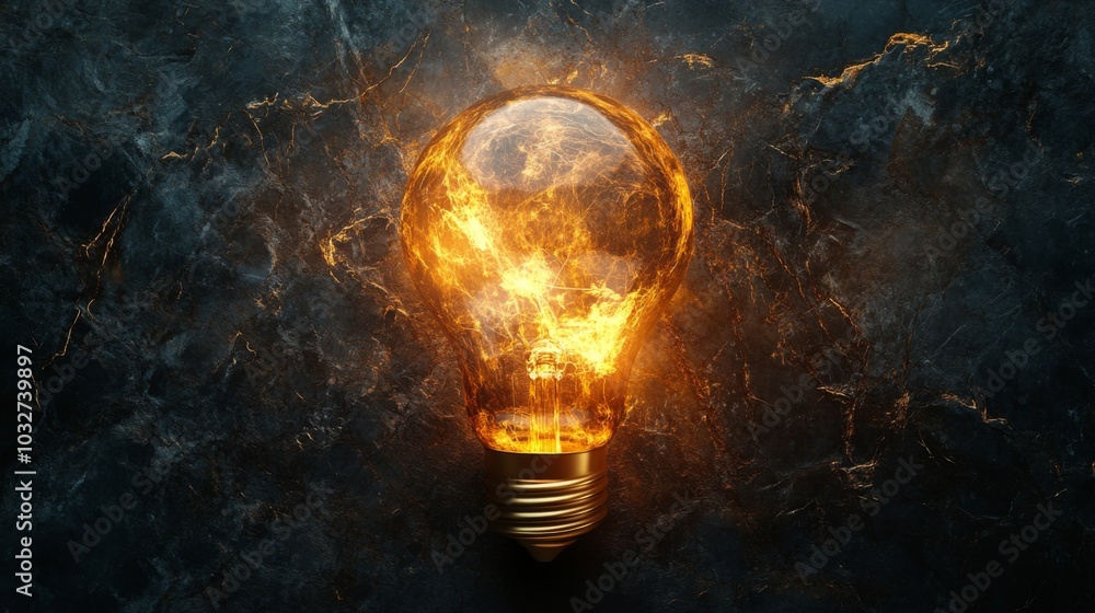 Burning Lightbulb on Dark Stone Background Burning Lightbulb on Dark Stone Background